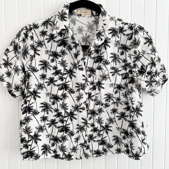 Love Notes Vintage Palm Tree Print Black & White Cropped Button Down Top Size S - Picture 2 of 4